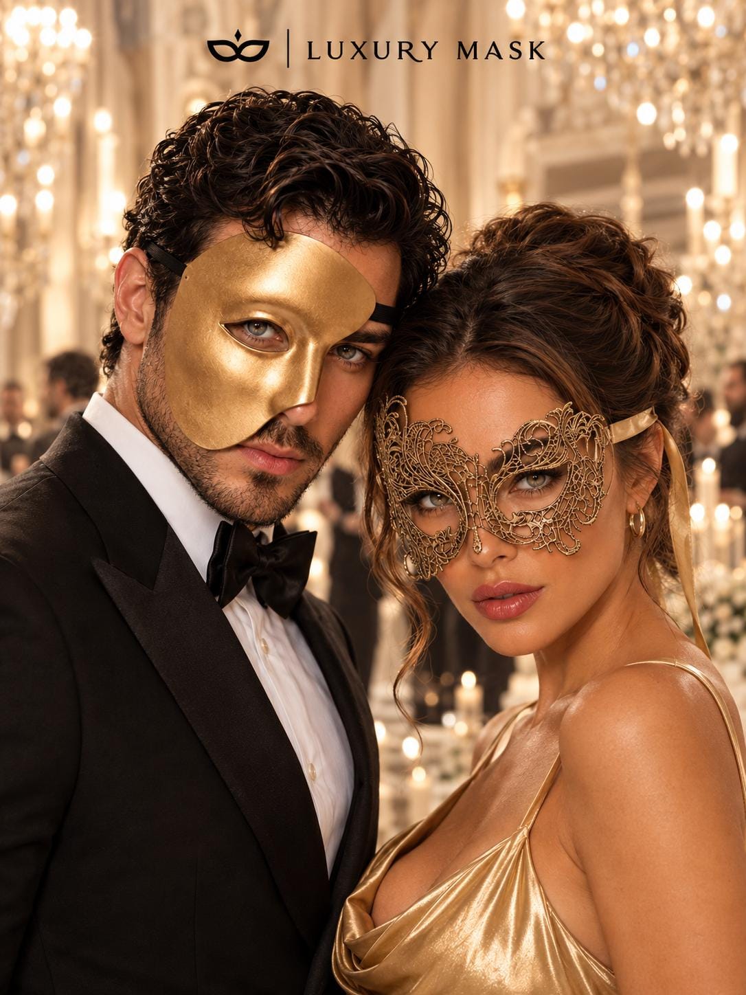 Gold matching masquerade masks for couples, men’s Venetian and women’s lace eye masks – view 2