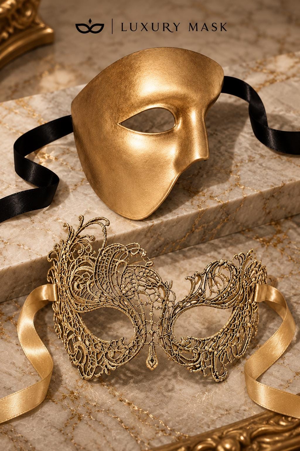 Gold matching masquerade masks for couples, men’s Venetian and women’s lace eye masks – view 6