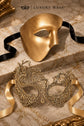 Gold matching masquerade masks for couples, men’s Venetian and women’s lace eye masks – view 6