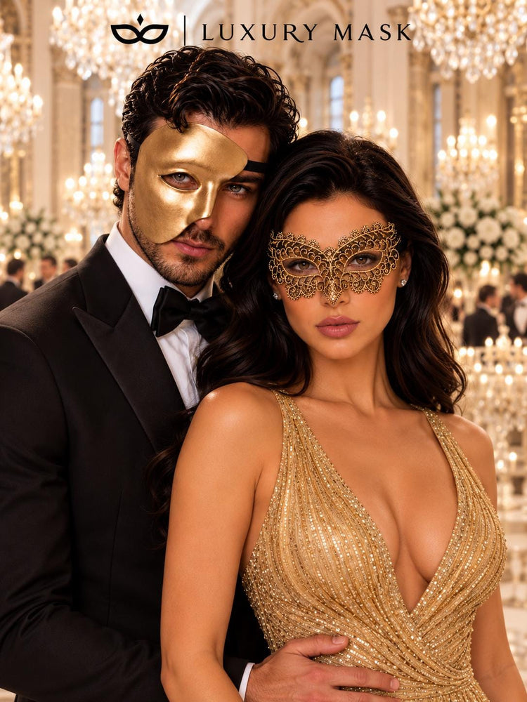 Gold matching masquerade masks for couples, men’s Venetian and women’s lace eye masks – view 2