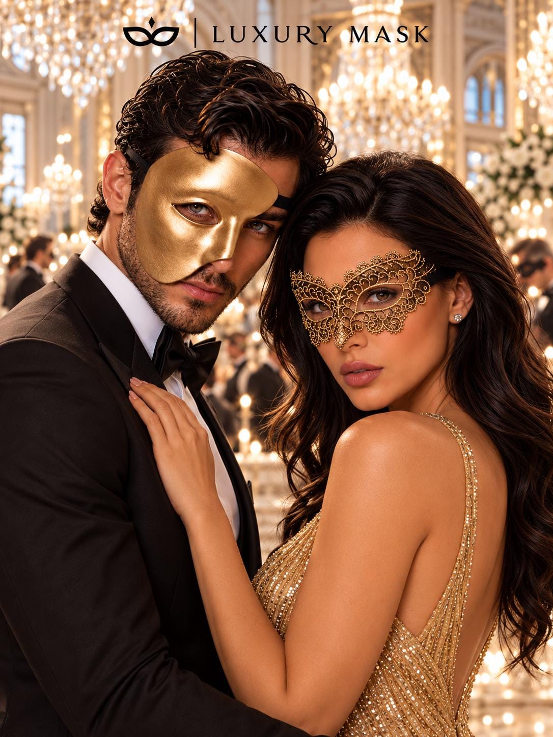 Gold matching masquerade masks for couples, men’s Venetian and women’s lace eye masks – view 3