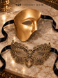 Gold matching masquerade masks for couples, men’s Venetian and women’s lace eye masks – view 6