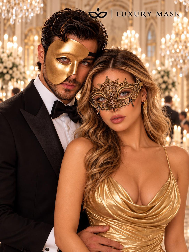 Gold matching masquerade masks for couples, men’s Venetian and women’s lace eye masks – view 2