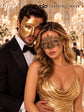 Gold matching masquerade masks for couples, men’s Venetian and women’s lace eye masks – view 2