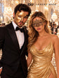 Gold matching masquerade masks for couples, men’s Venetian and women’s lace eye masks – view 4