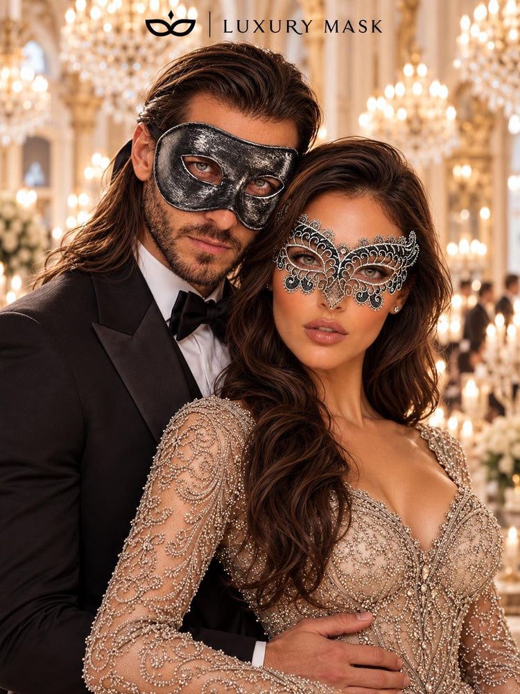 Black & Silver matching masquerade masks for couples, men’s Venetian and women’s lace eye masks – view 2