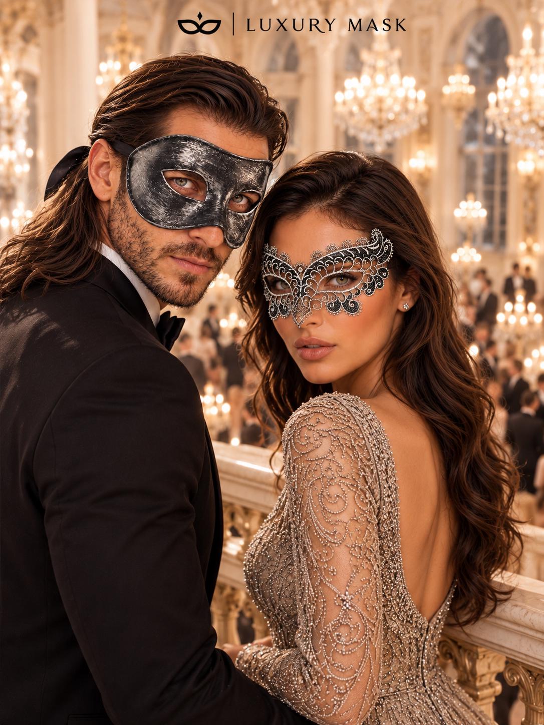 Black & Silver matching masquerade masks for couples, men’s Venetian and women’s lace eye masks – view 4