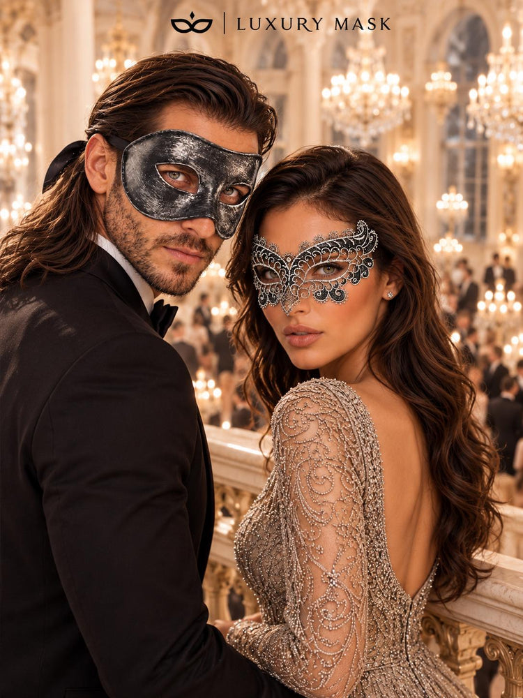 Black & Silver matching masquerade masks for couples, men’s Venetian and women’s lace eye masks – view 4