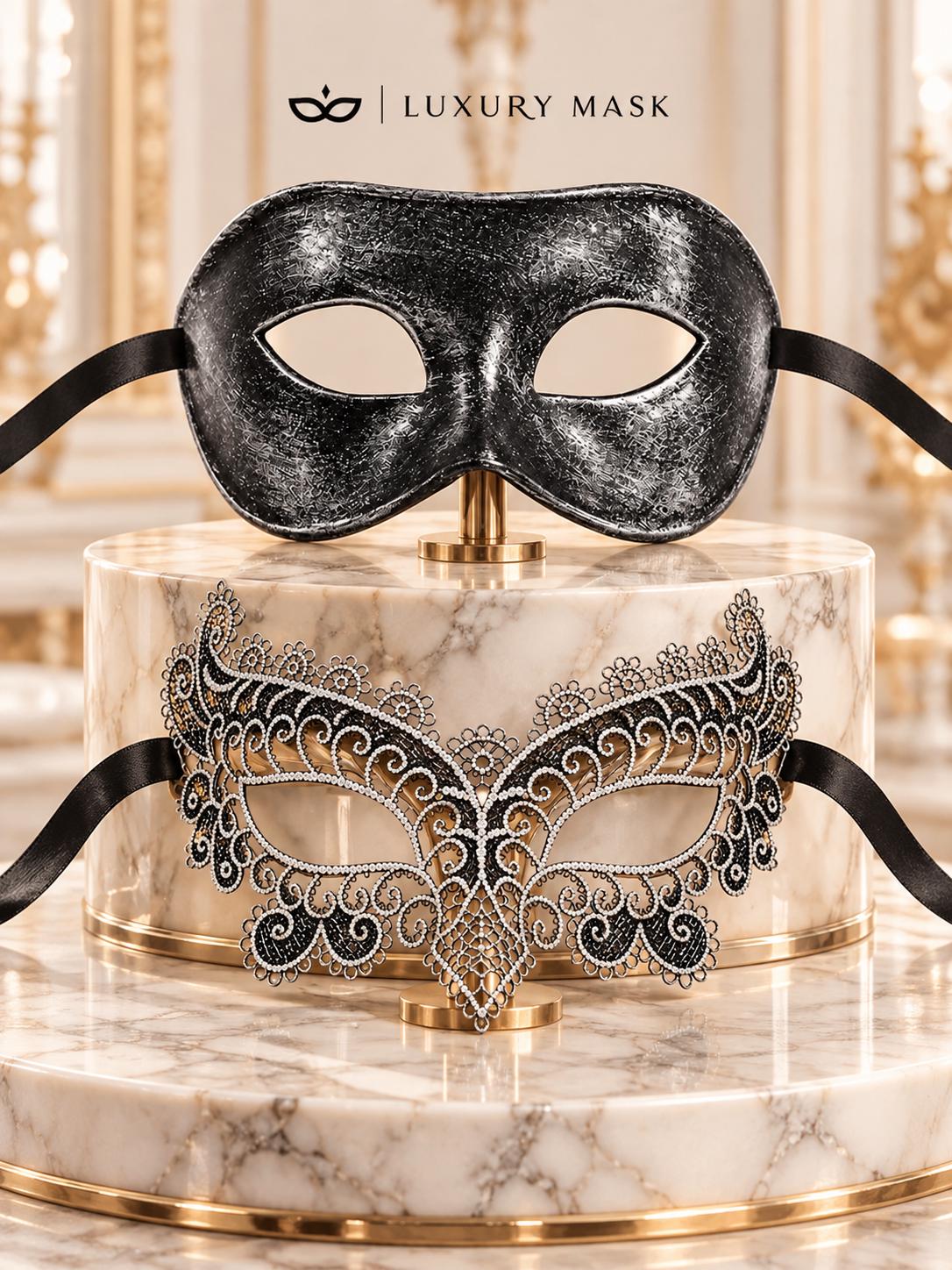 Black & Silver matching masquerade masks for couples, men’s Venetian and women’s lace eye masks – view 7