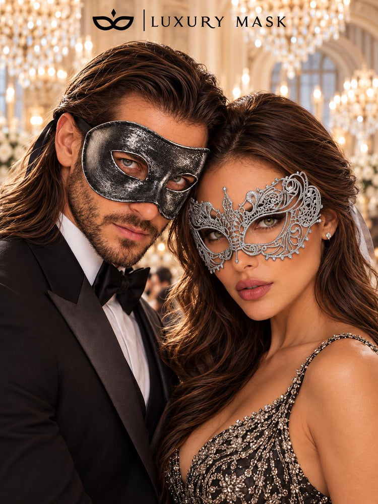 Black & Silver matching masquerade masks for couples, men’s Venetian and women’s lace eye masks – view 2