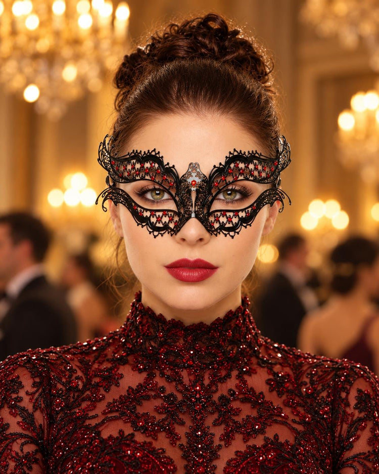 Black Masquerade Mask with Red Rhinestones for Women, Diamond Design Party Eye Mask - main image