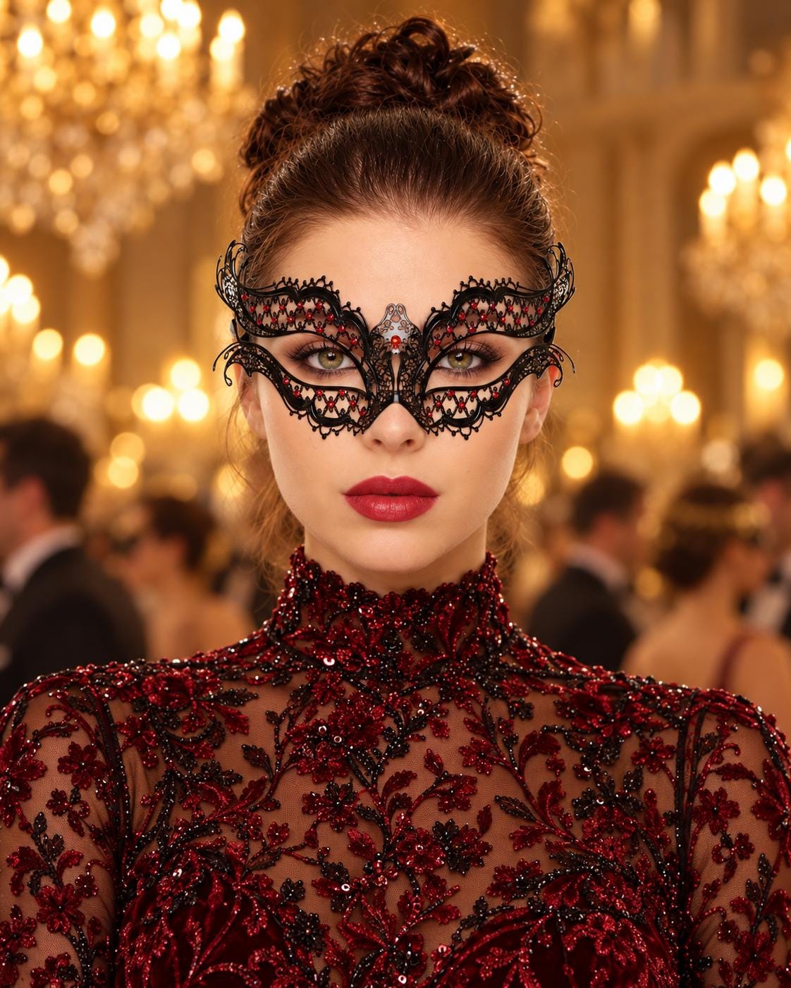 Black Masquerade Mask with Red Rhinestones for Women, Diamond Design Party Eye Mask - product photo