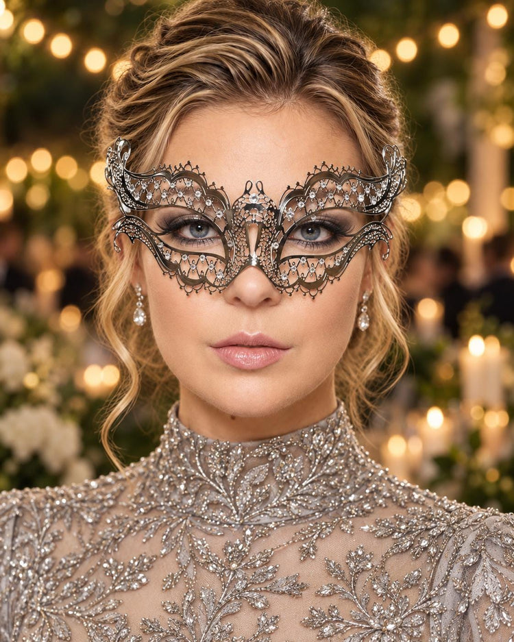 Silver Masquerade Mask with Clear Rhinestones for Women, Diamond Design Party Eye Mask - product photo
