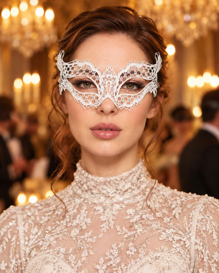 White Masquerade Mask with Clear Rhinestones for Women, Diamond Design Party Eye Mask - main image