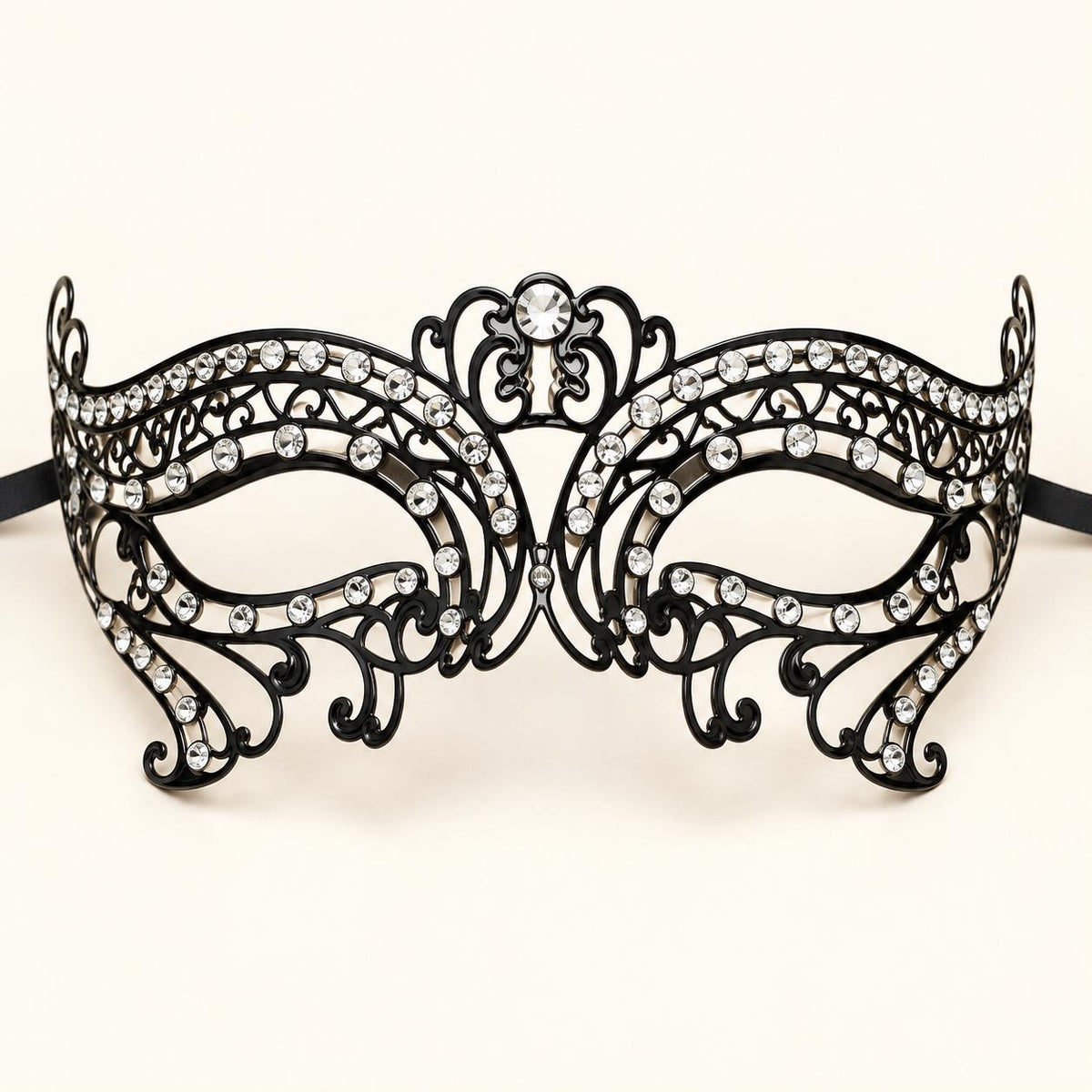Black Metal Masquerade Mask with Clear Rhinestones for Women, Party Eye Mask for Prom - product photo