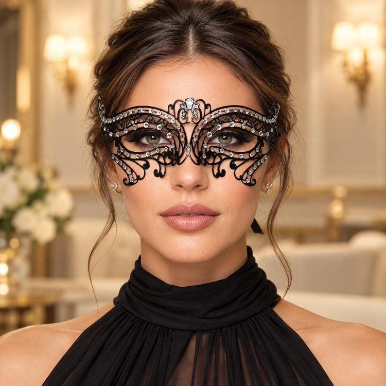 Black Metal Masquerade Mask with Clear Rhinestones for Women, Party Eye Mask for Prom - product photo
