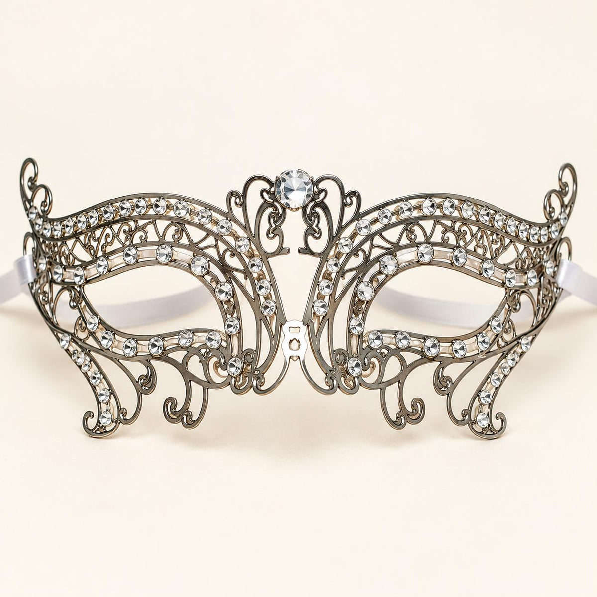 Silver Metal Masquerade Mask with Clear Rhinestones for Women, Party Eye Mask for Prom - product photo