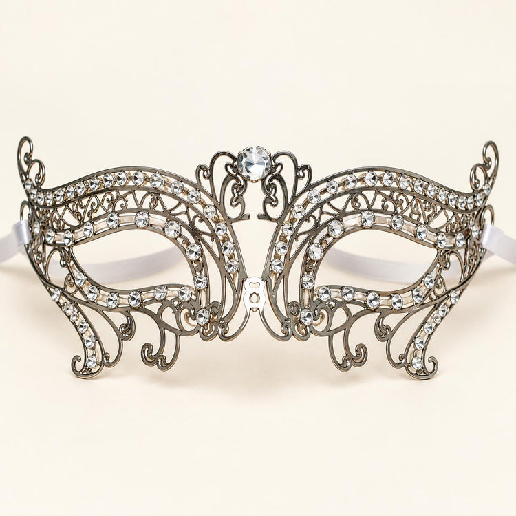 Silver Metal Masquerade Mask with Clear Rhinestones for Women, Party Eye Mask for Prom - product photo