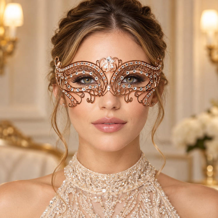 Rose Gold Masquerade Mask with Clear Rhinestones for Women, Metal Party Eye Mask - product photo