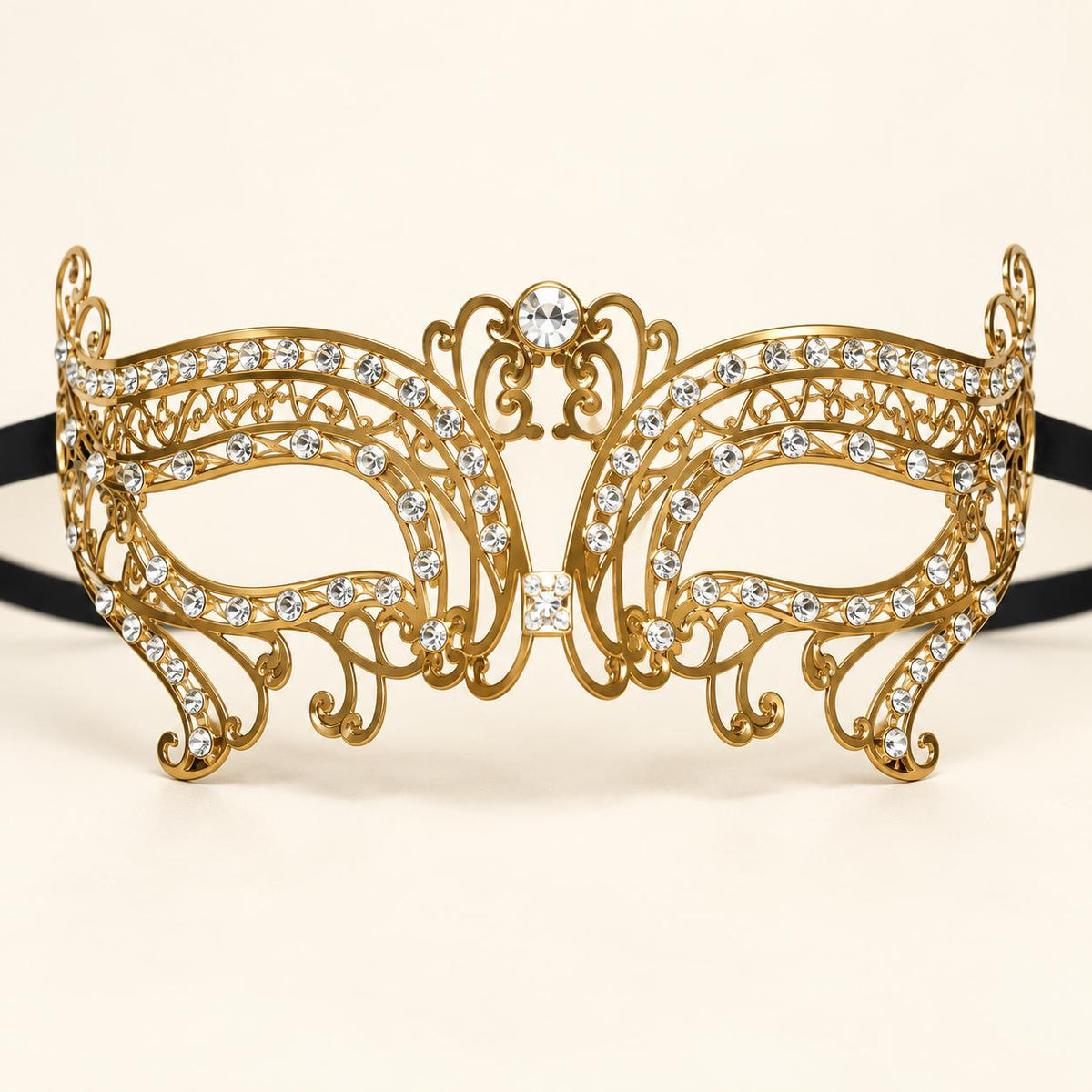 Gold Metal Masquerade Mask with Clear Rhinestones for Women, Party Eye Mask for Prom - product photo