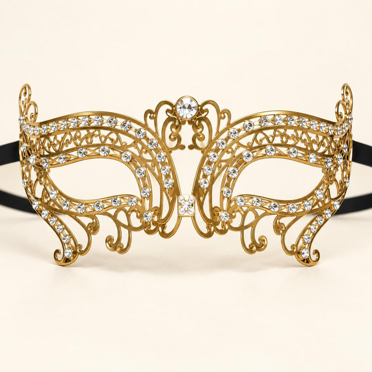 Gold Metal Masquerade Mask with Clear Rhinestones for Women, Party Eye Mask for Prom - product photo