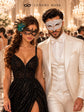 Black Peacock Feather Lace Mask for Women & White Diamond Venetian Mask for Men - Clear Stone Metal Masquerade Couple Set - product photo