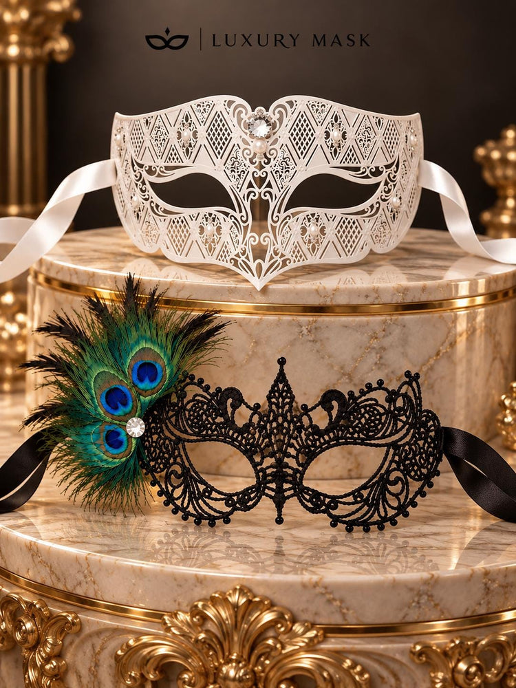 Black Peacock Feather Lace Mask for Women & White Diamond Venetian Mask for Men - Clear Stone Metal Masquerade Couple Set - product photo