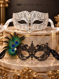 Black Peacock Feather Lace Mask for Women & White Diamond Venetian Mask for Men - Clear Stone Metal Masquerade Couple Set - product photo