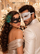 White Clear Stone Diamond Mask for Men with Black Peacock Feather Lace Mask for Women - Venetian Masquerade Masks for Couples - product photo