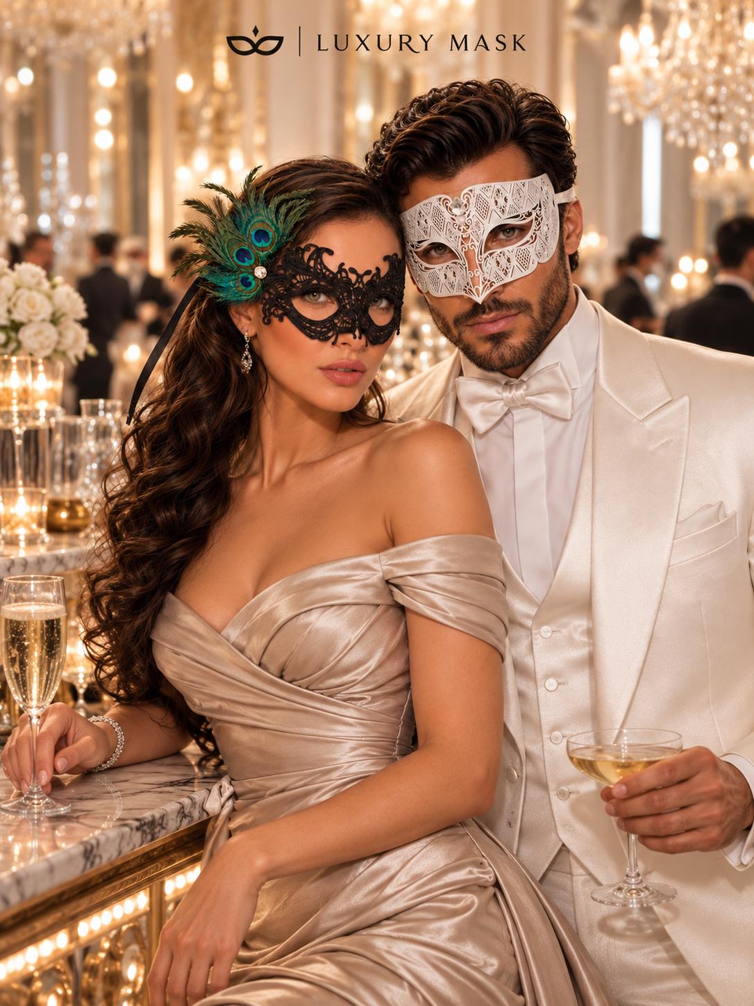White Clear Stone Diamond Mask for Men with Black Peacock Feather Lace Mask for Women - Venetian Masquerade Masks for Couples - product photo