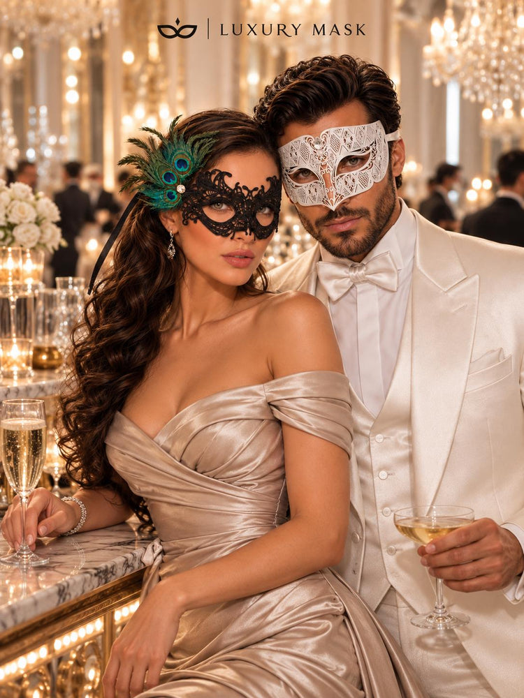 White Clear Stone Diamond Mask for Men with Black Peacock Feather Lace Mask for Women - Venetian Masquerade Masks for Couples - product photo