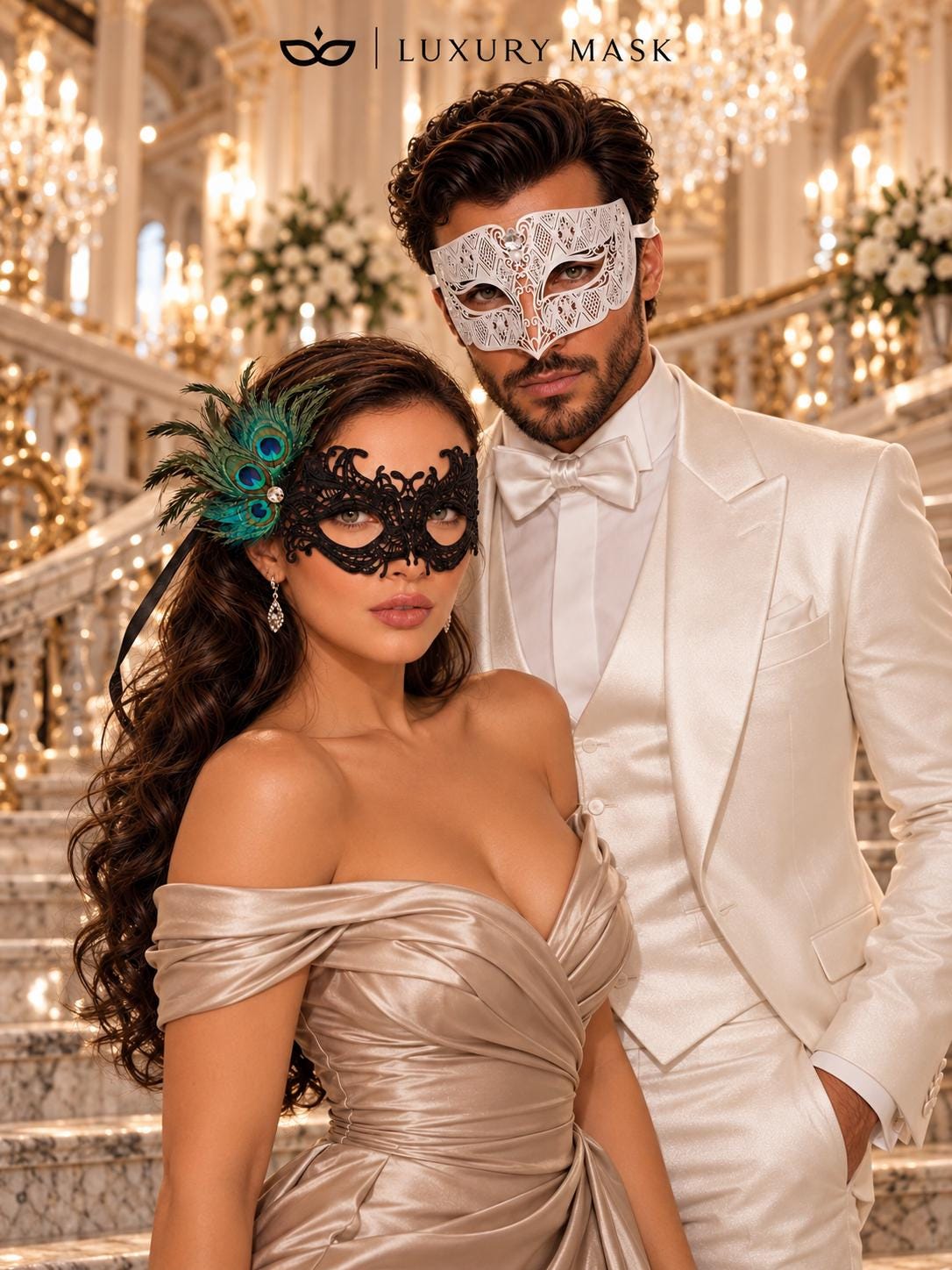 White Clear Stone Diamond Mask for Men with Black Peacock Feather Lace Mask for Women - Venetian Masquerade Masks for Couples - product photo