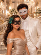 White Clear Stone Diamond Mask for Men with Black Peacock Feather Lace Mask for Women - Venetian Masquerade Masks for Couples - product photo