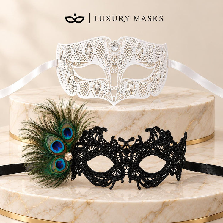 White Clear Stone Diamond Mask for Men with Black Peacock Feather Lace Mask for Women - Venetian Masquerade Masks for Couples - product photo