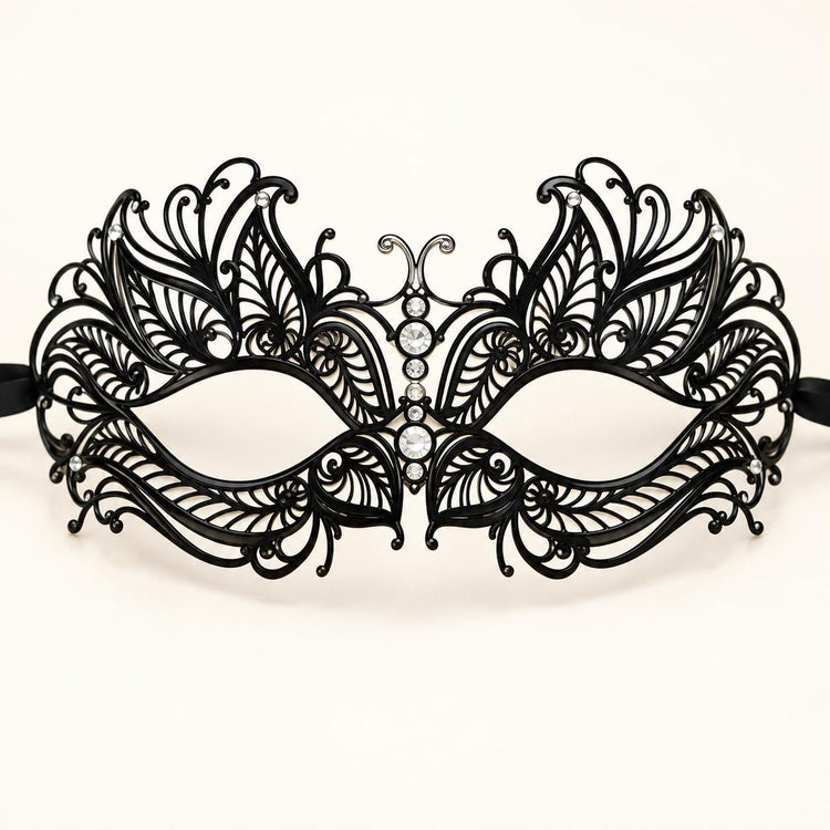 Black Butterfly Masquerade Mask with Clear Rhinestones for Women, Metal Party Eye Mask - product photo
