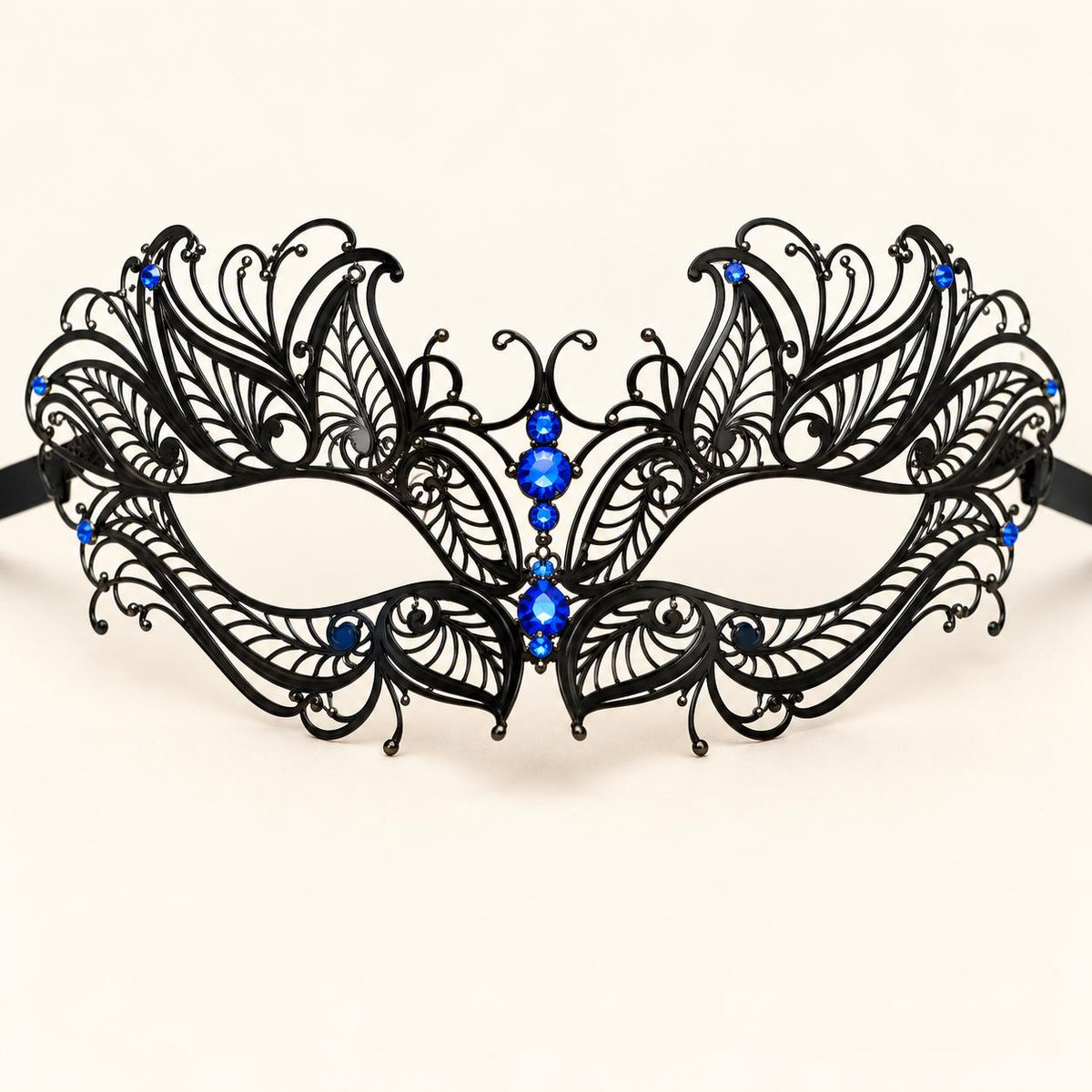 Black Butterfly Masquerade Mask with Blue Rhinestones for Women, Metal Party Eye Mask - product photo