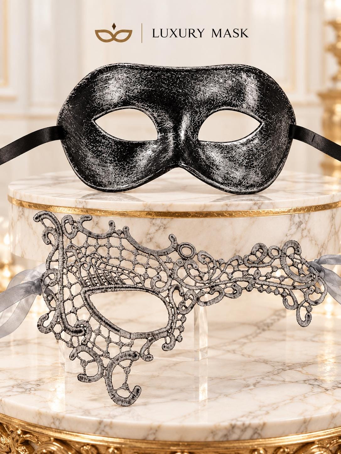 Black & Silver matching masquerade masks for couples, men’s Venetian and women’s lace eye masks – view 6