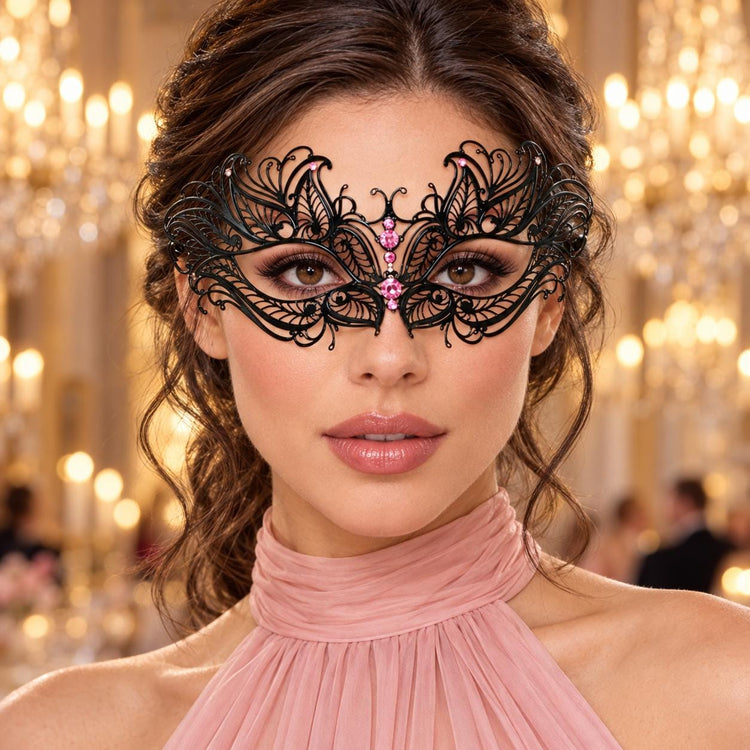 Black Butterfly Masquerade Mask with Pink Rhinestones for Women, Metal Party Eye Mask - product photo