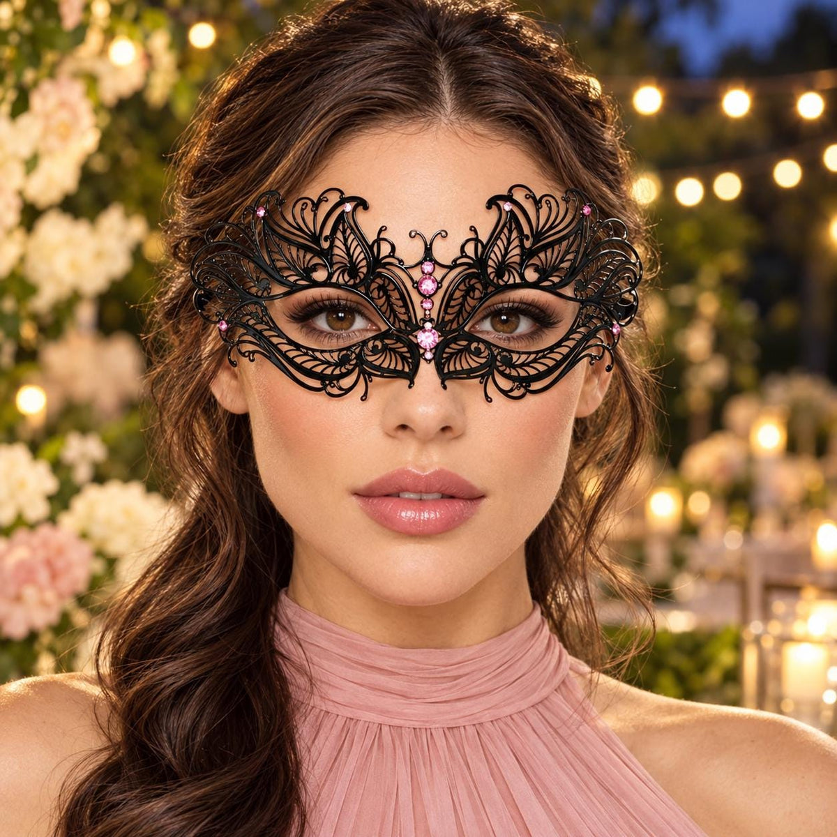 Black Butterfly Masquerade Mask with Pink Rhinestones for Women, Metal Party Eye Mask - product photo