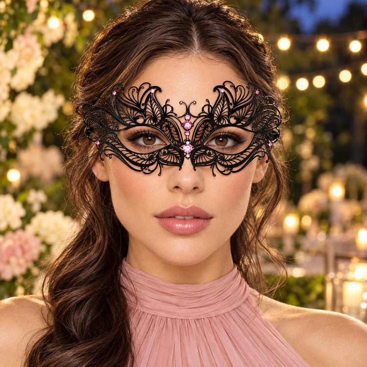 Black Butterfly Masquerade Mask with Pink Rhinestones for Women, Metal Party Eye Mask - product photo