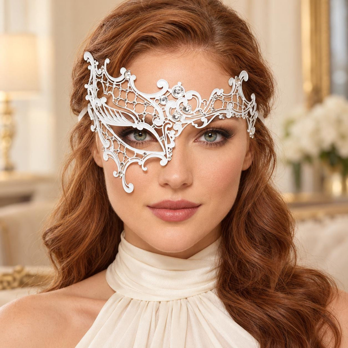 White Masquerade Mask with Clear Rhinestones for Women, Metal Party Eye Mask for Prom - product photo