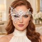 White Masquerade Mask with Clear Rhinestones for Women, Metal Party Eye Mask for Prom - product photo