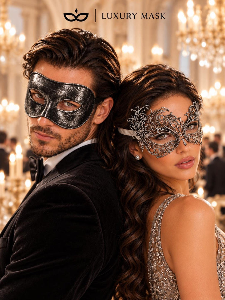 Black & Silver matching masquerade masks for couples, men’s Venetian and women’s lace eye masks – view 3
