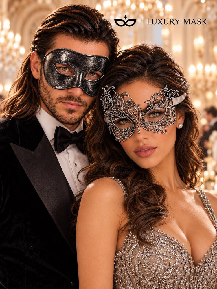 Black & Silver matching masquerade masks for couples, men’s Venetian and women’s lace eye masks – view 4
