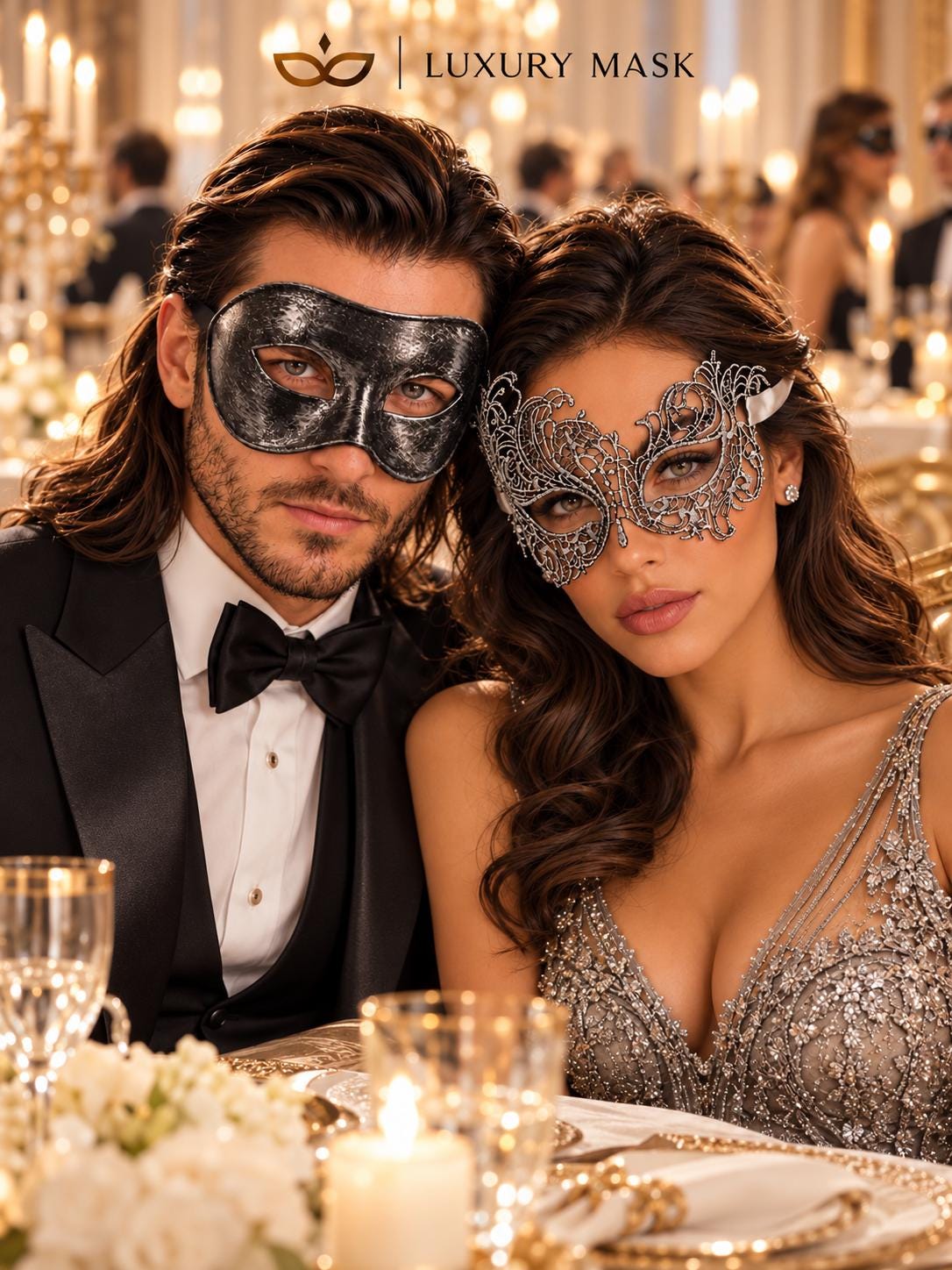 Black & Silver matching masquerade masks for couples, men’s Venetian and women’s lace eye masks – view 5