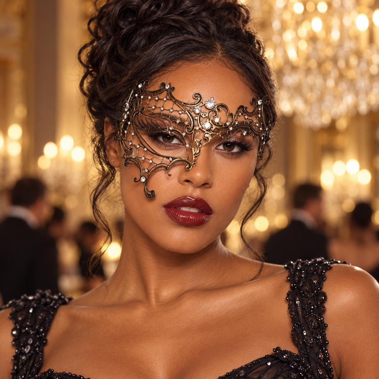 Vintage Gold Masquerade Mask with Clear Rhinestones for Women, Metal Party Eye Mask for Prom - product photo