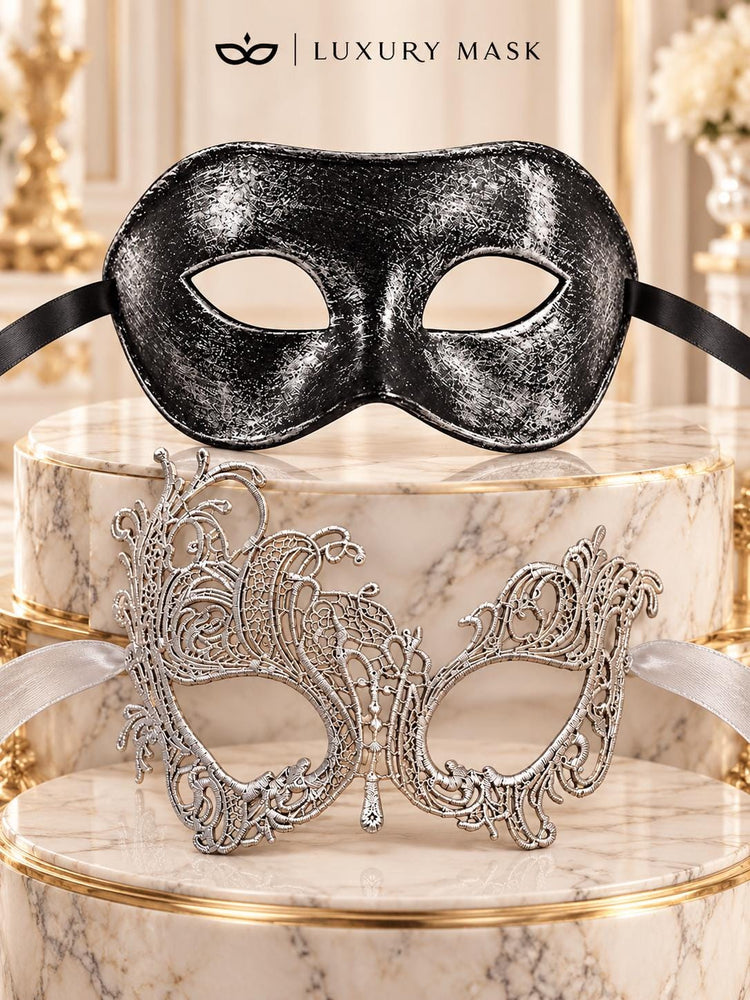 Black & Silver matching masquerade masks for couples, men’s Venetian and women’s lace eye masks – view 6