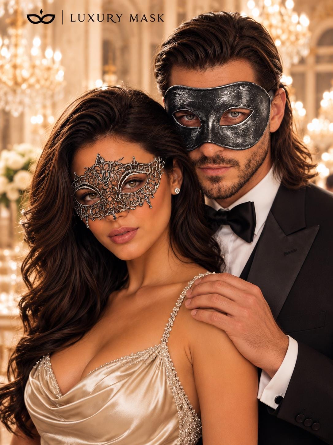 Black & Silver matching masquerade masks for couples, men’s Venetian and women’s lace eye masks – view 3