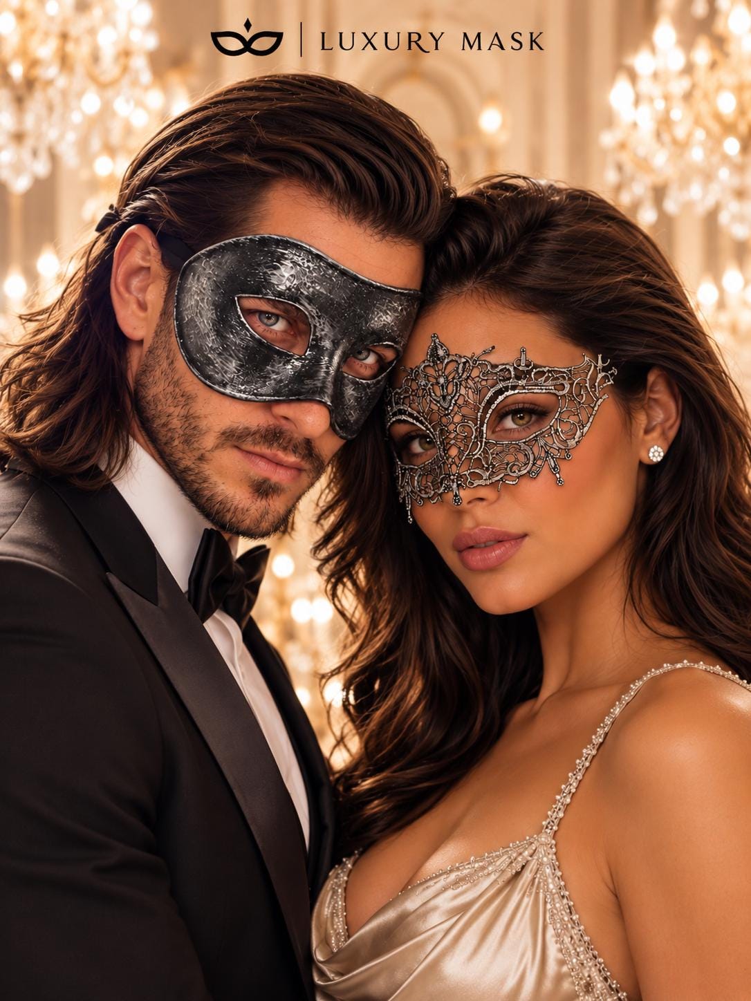 Black & Silver matching masquerade masks for couples, men’s Venetian and women’s lace eye masks – view 5