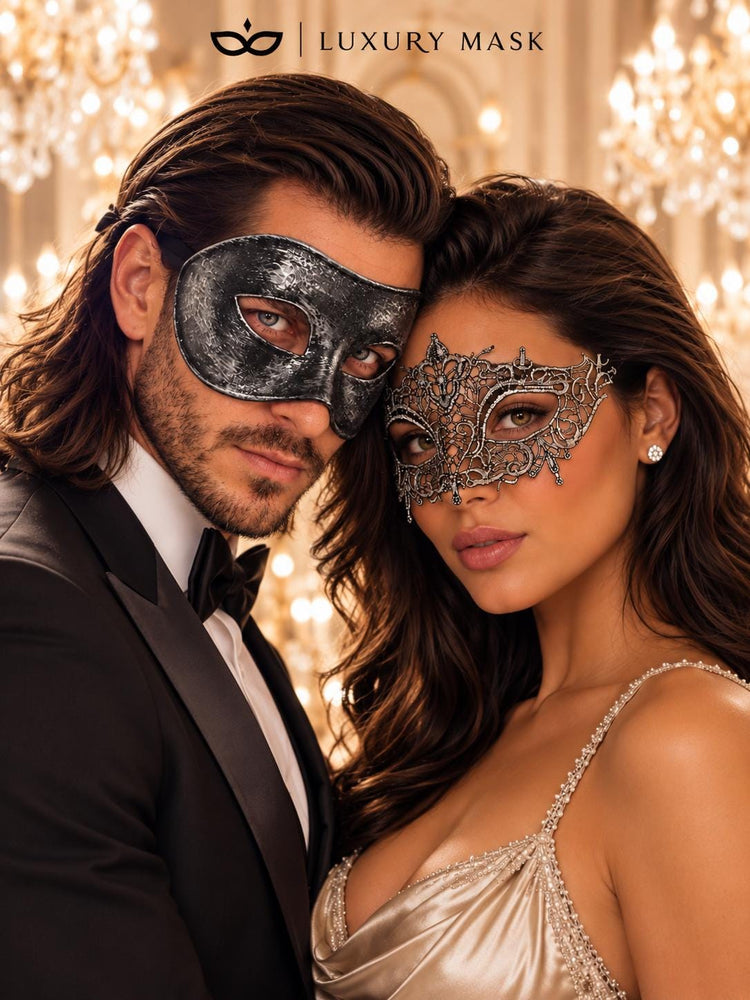 Black & Silver matching masquerade masks for couples, men’s Venetian and women’s lace eye masks – view 5